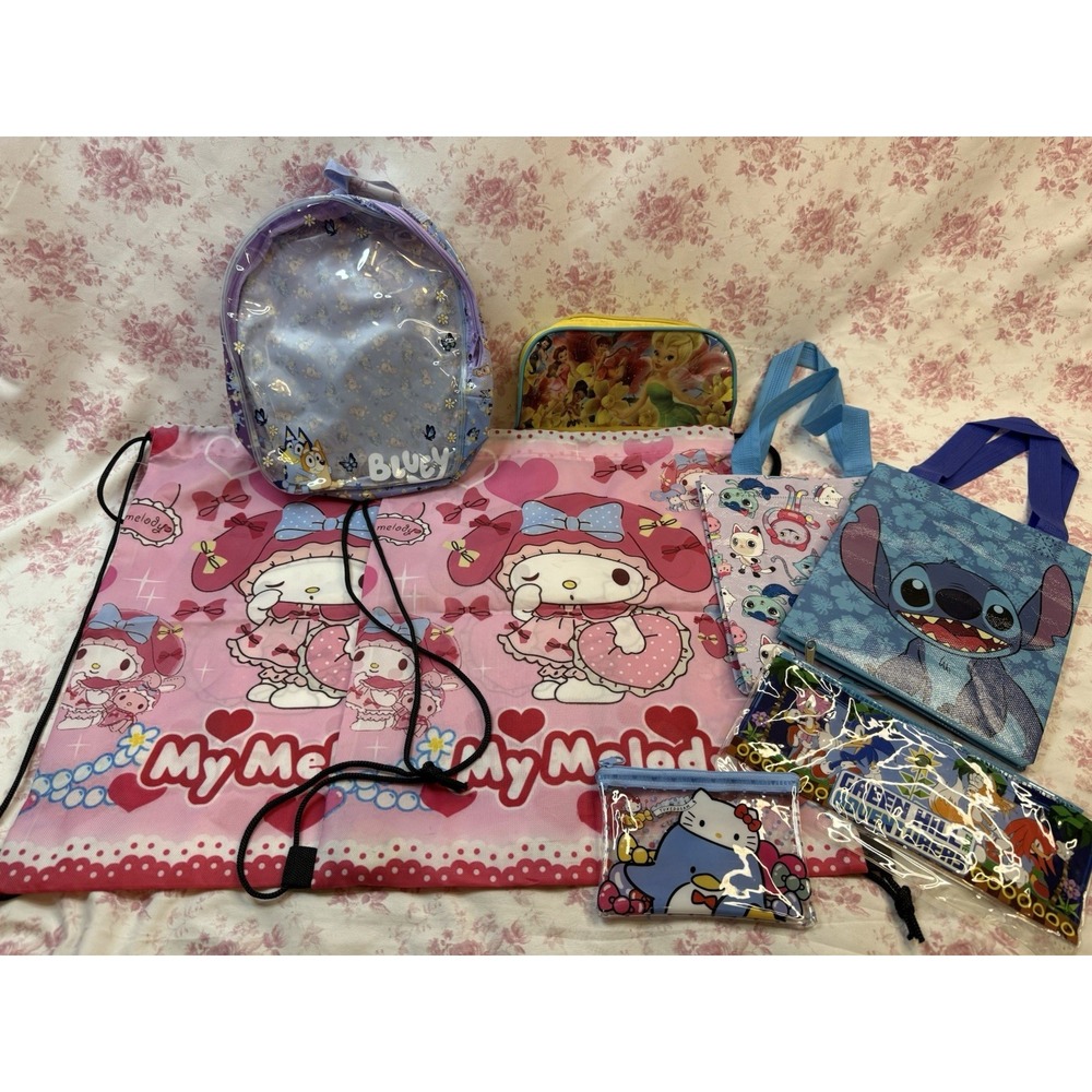 Disney Sanrio Bluey Sonic Kids Bags Backpacks Drawstring Tote Lot of 8